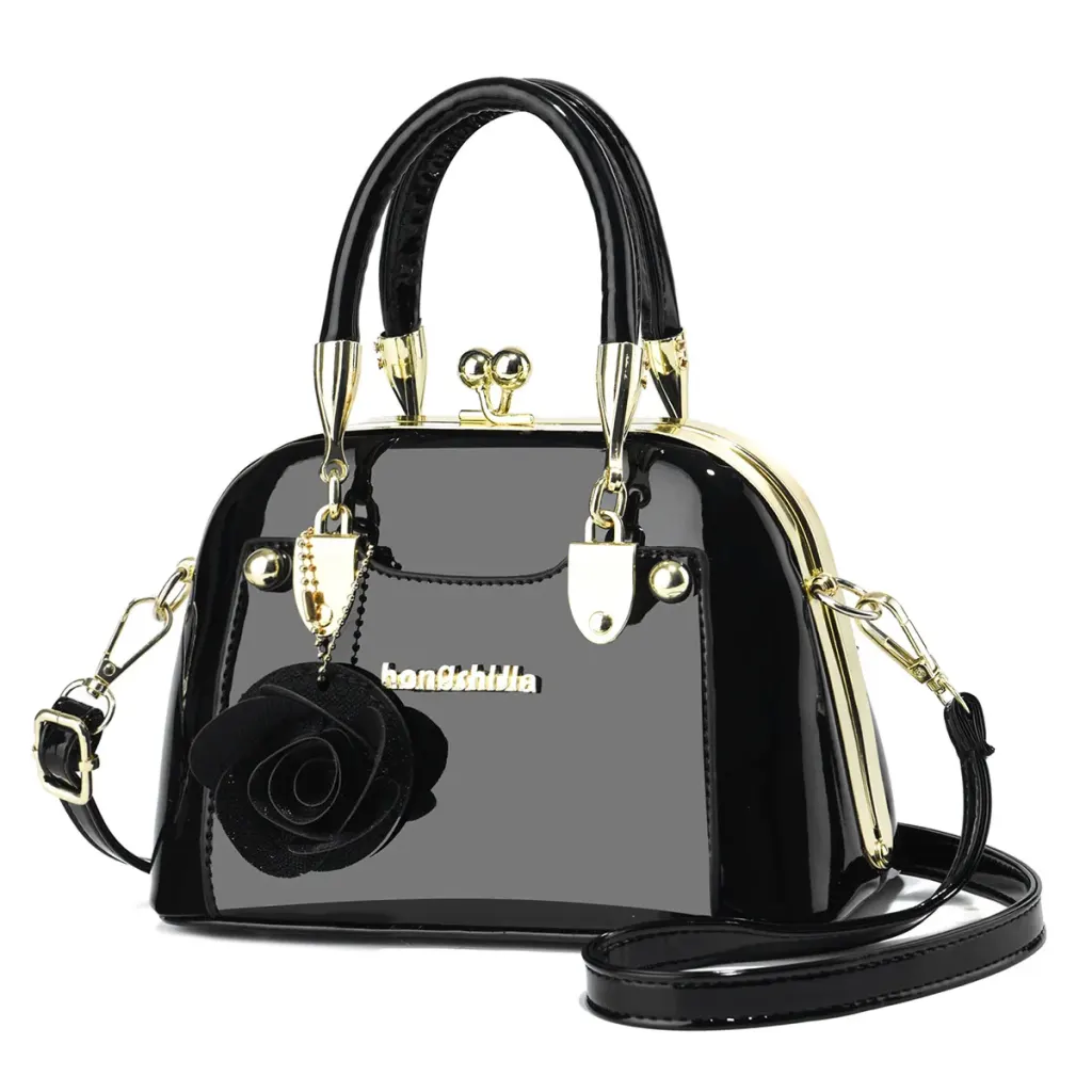 Women’s Dome Bag In Patent Leather With Shell Shape And Sewing Thread Detail, Top Handle, For 2026 Spring And Summer
