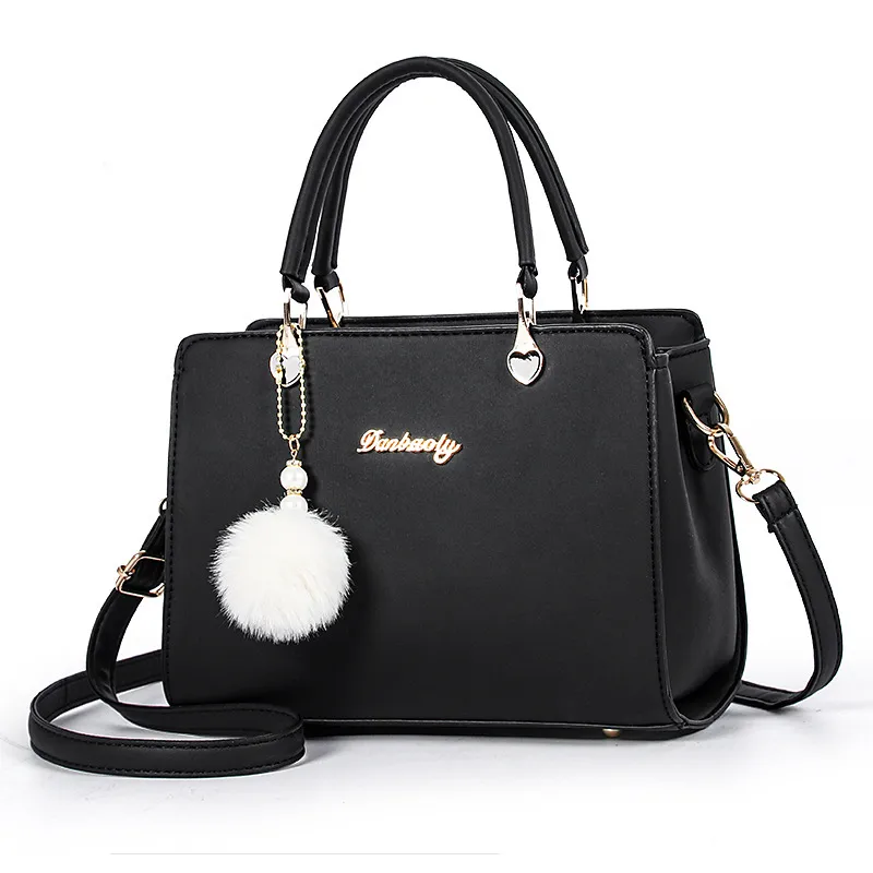 Fashion Large Solid Color Women Top Handle Bag In PU Leather With Fluff Ball And Zipper Closure