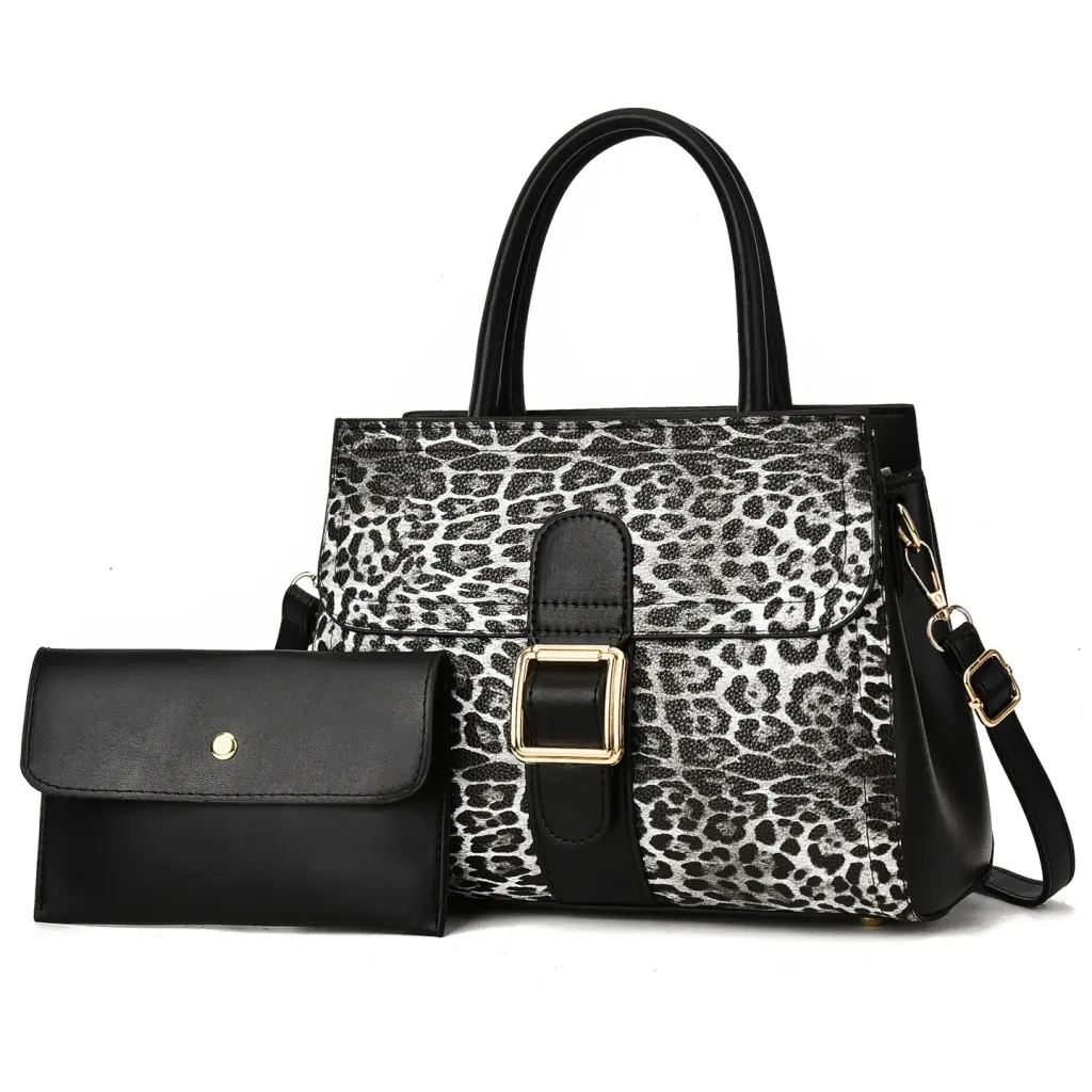 Leopard Print Square PU Leather Bag Set Featuring Sewing Thread Detail With Top Handle