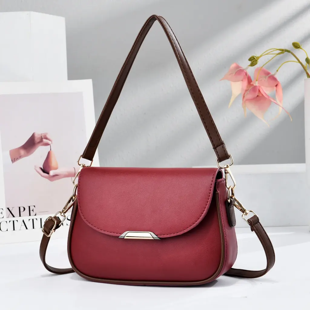 Color Block Square PU Leather Shoulder Bag For Women With Sewing Thread Detail And Single Shoulder Strap