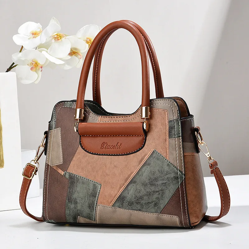 Women’s Square Splicing PU Leather Handbag With Top Handle