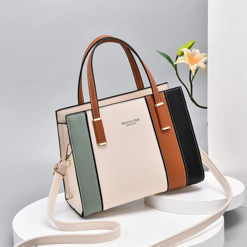 Elegant Large PU Leather Color Block Handbag For Women With Drawstring Buckle Closure
