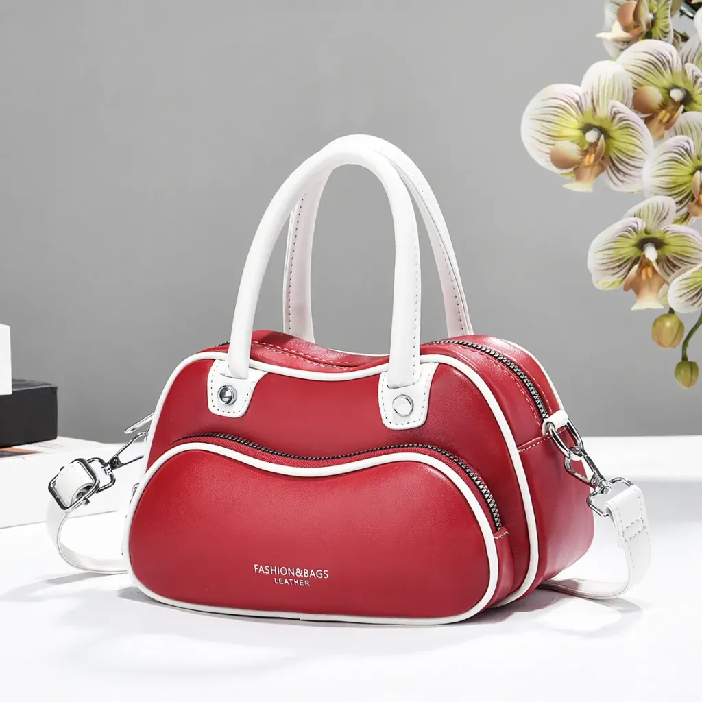 Women’s Color Block Boston Bag In PU Leather With Sewing Thread Detail, Pillow Shape Top Handle For Spring And Summer