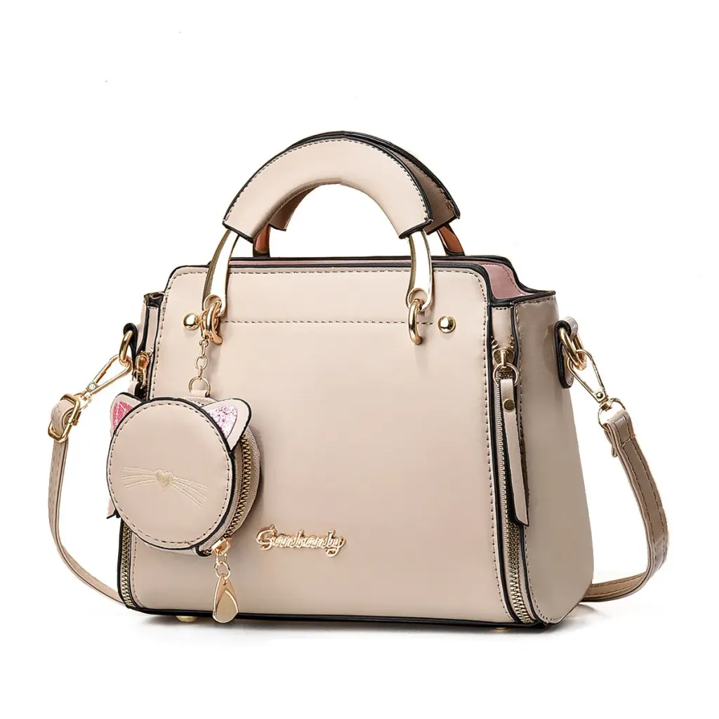 Women’s PU Leather Cat Handbag With Square Shape And Sewing Thread Detail, Featuring Top Handle Design