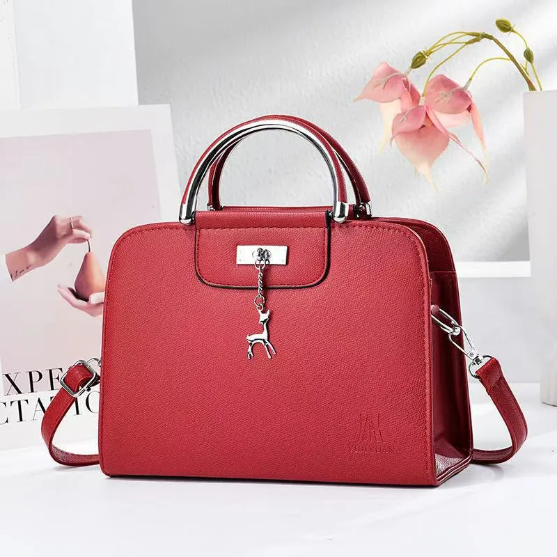 Women's Square PU Leather Handbag With Sewing Thread Detail And Top Handle