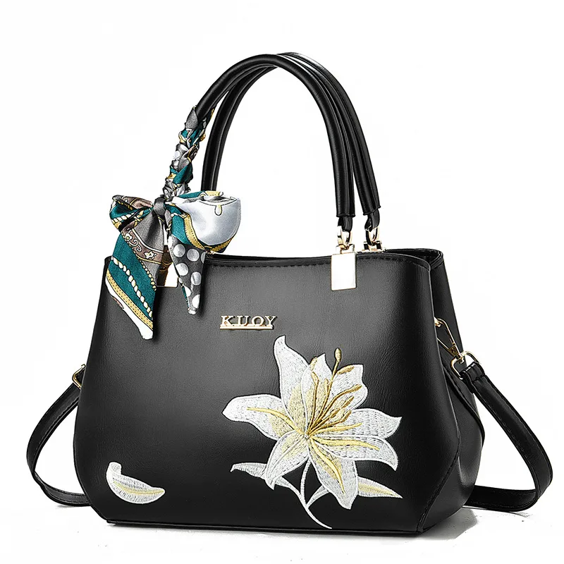 Women’s Square PU Leather Handbag With Embroidered Flowers, Featuring Top Handle For Elegant Style