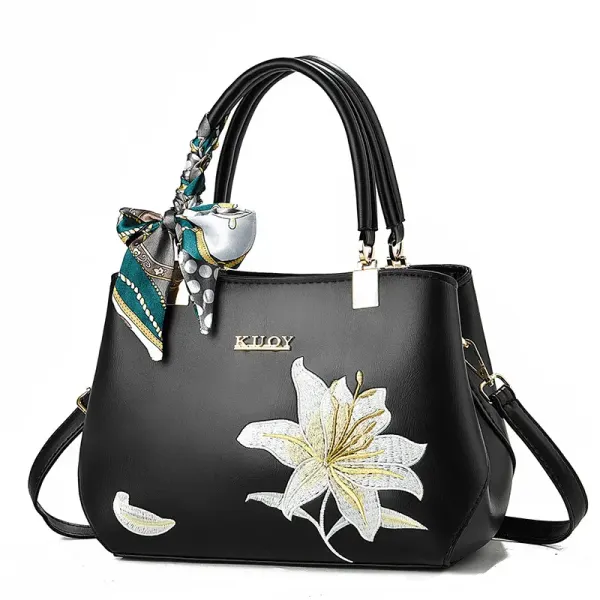 Women’s Square PU Leather Handbag With Embroidered Flowers, Featuring Top Handle For Elegant Style
