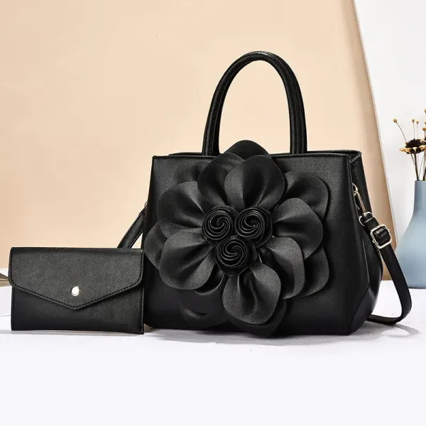 Solid Color Square PU Leather Bag Set For Women Featuring Floral Fashion Element With Single Shoulder Strap