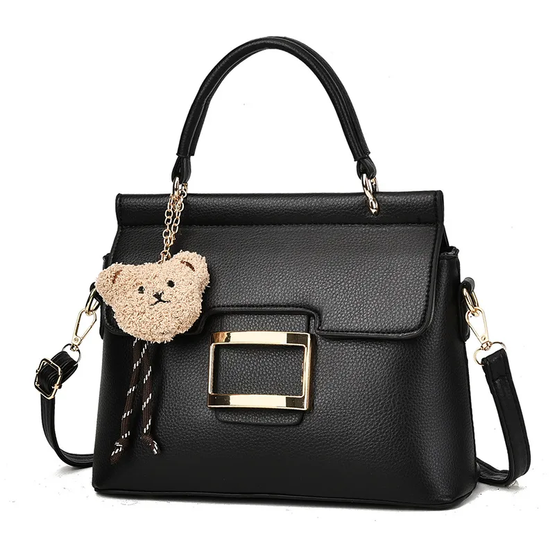 Little Bear Square PU Leather Handbag For Women With Metal Button And Top Handle