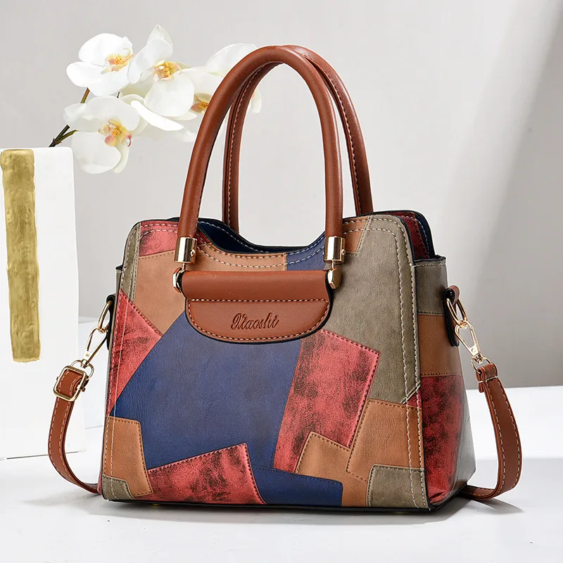 Women’s Square Splicing PU Leather Handbag With Top Handle
