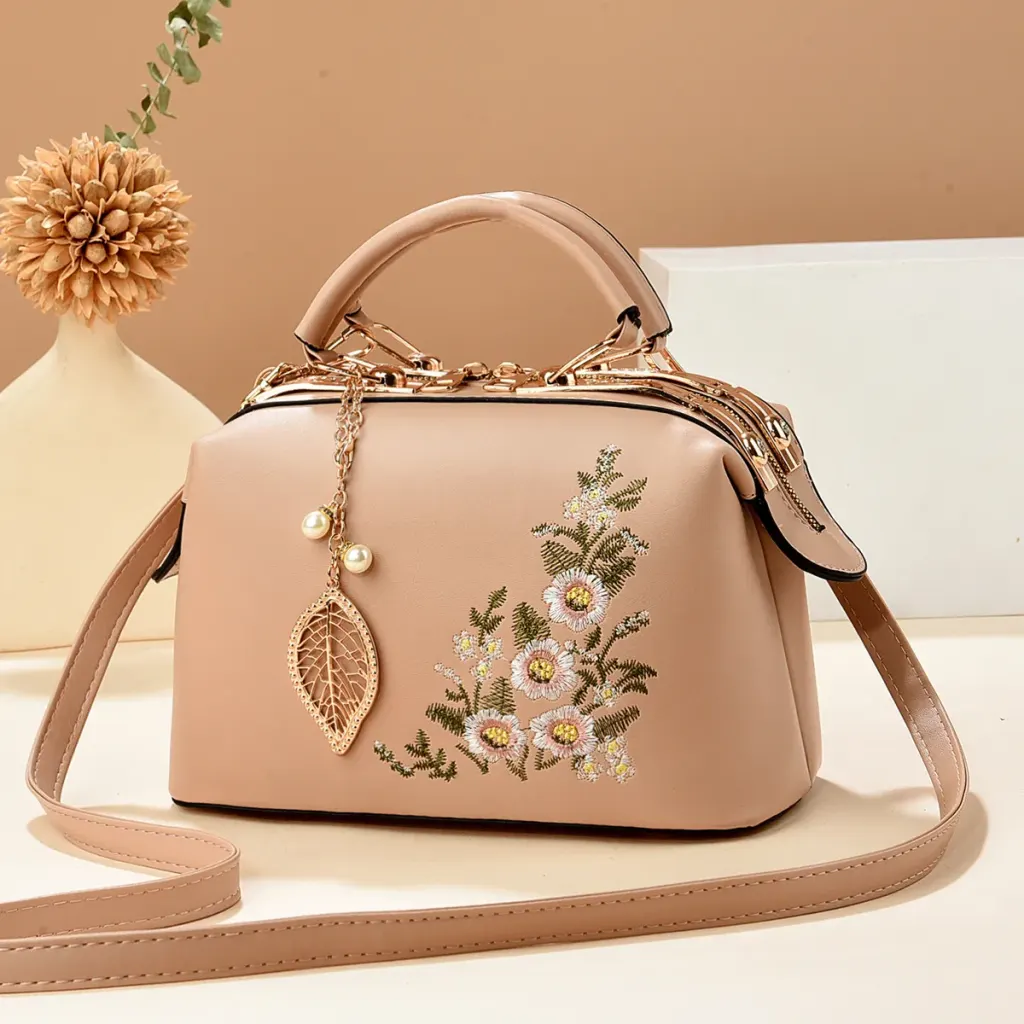 Medium Square PU Leather Bag With Embroidery And Zipper Closure, Stylish Vintage European And American Design