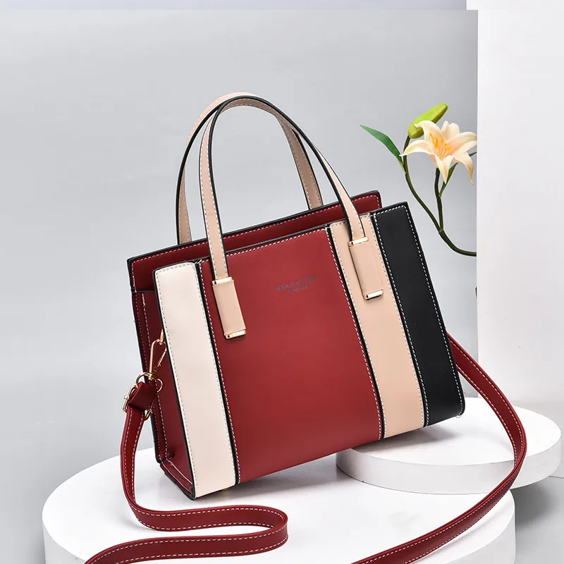 Elegant Large PU Leather Color Block Handbag For Women With Drawstring Buckle Closure