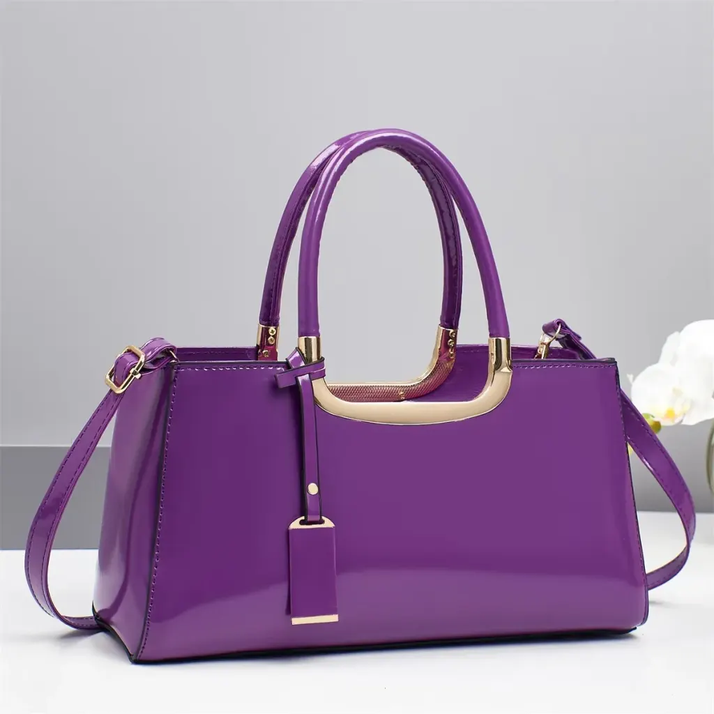 Women’s Square Patent Leather Handbag With Sewing Thread Detail, Top Handle And Large Capacity