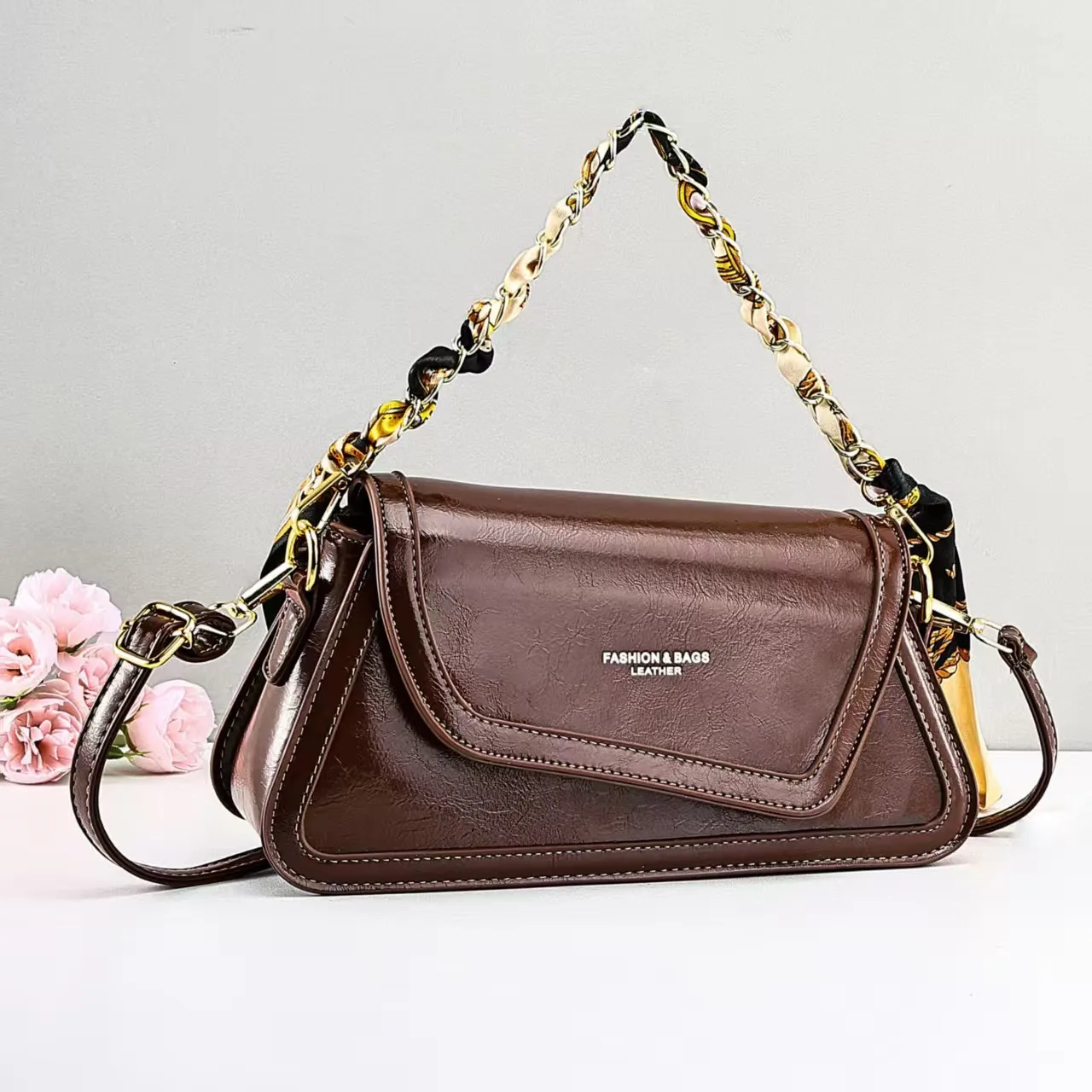 Square PU Leather Baguette Bag For Women With Sewing Thread Detail, Single Shoulder Strap Main image