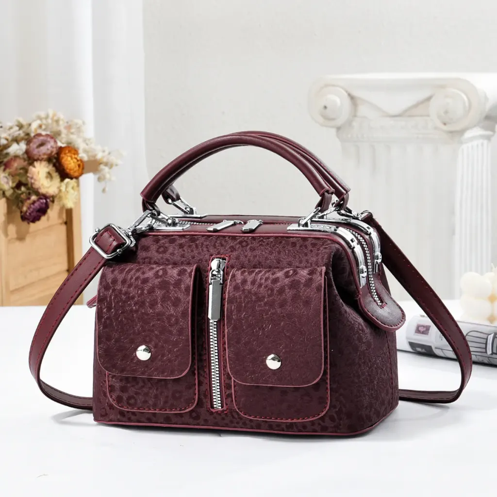 Leopard Print Boston Bag In PU Leather With Sewing Thread Detail, Featuring A Top Handle For Women