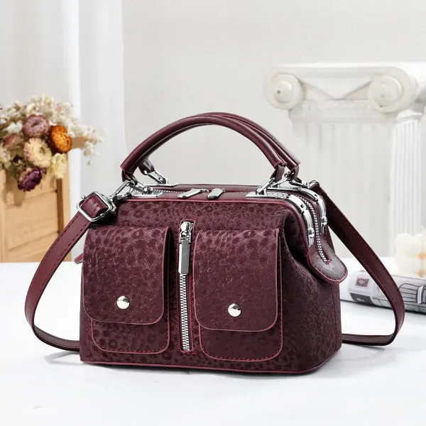 Leopard Print Boston Bag In PU Leather With Sewing Thread Detail, Featuring A Top Handle For Women