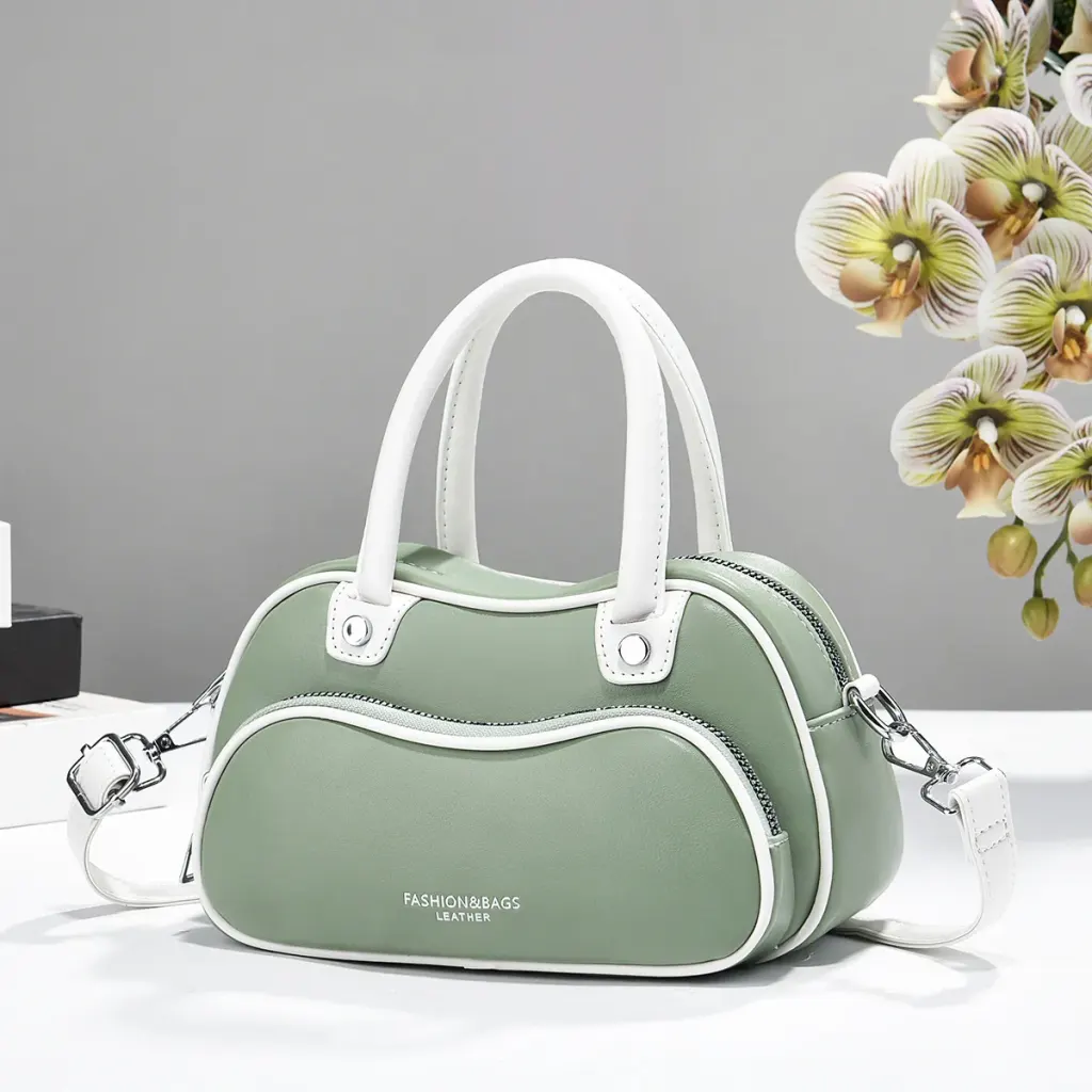 Women’s Color Block Boston Bag In PU Leather With Sewing Thread Detail, Pillow Shape Top Handle For Spring And Summer