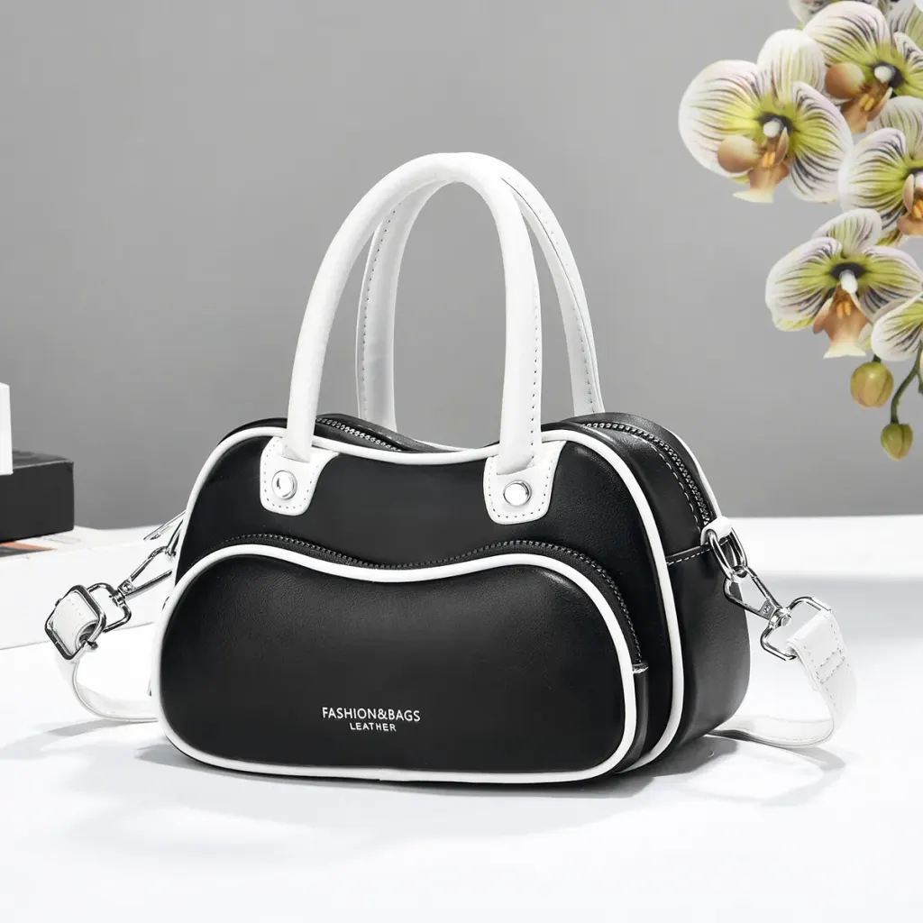 Women’s Color Block Boston Bag In PU Leather With Sewing Thread Detail, Pillow Shape Top Handle For Spring And Summer