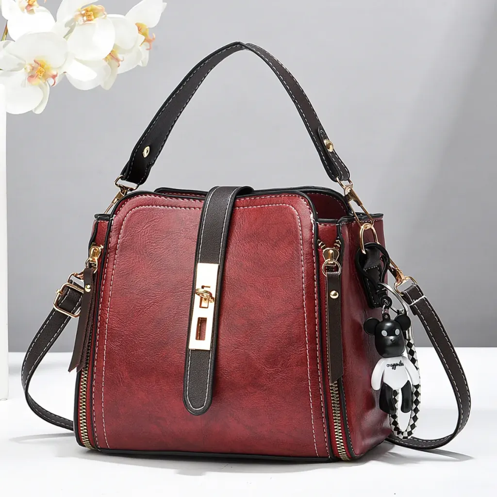 Women PU Leather Bucket Bag With Printing Pattern, Sling Strap