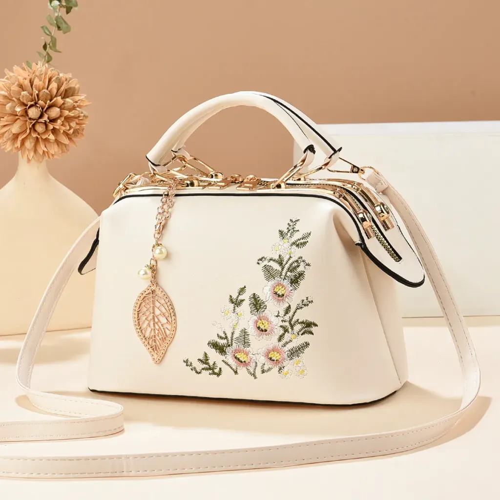 Medium Square PU Leather Bag With Embroidery And Zipper Closure, Stylish Vintage European And American Design