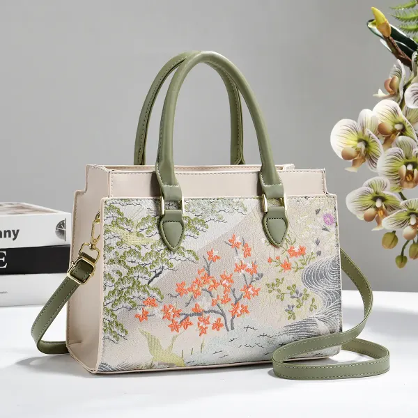 Square PU Leather Handbag For Women With Embroidered Floral Design And Top Handle Style