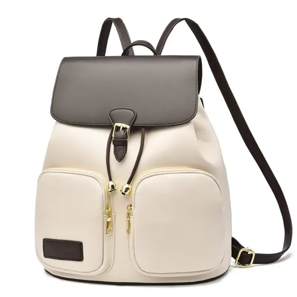 Color Block School Backpack For Women In PU Material With Stylish Sewing Thread Detail