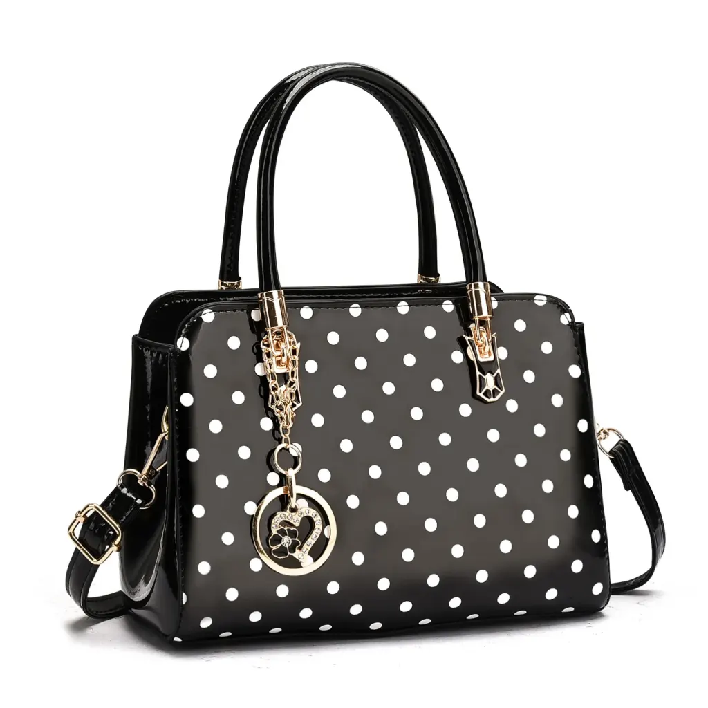 Women’s Patent Leather Boston Bag With Polka Dots And Square Shape Featuring Sewing Thread