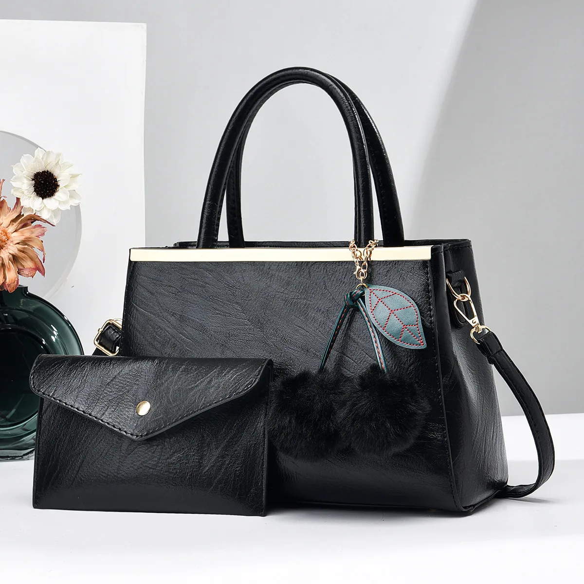 Women’s Square PU Leather Bag Set With Fluff Ball, Top Handle And Large Capacity Main image