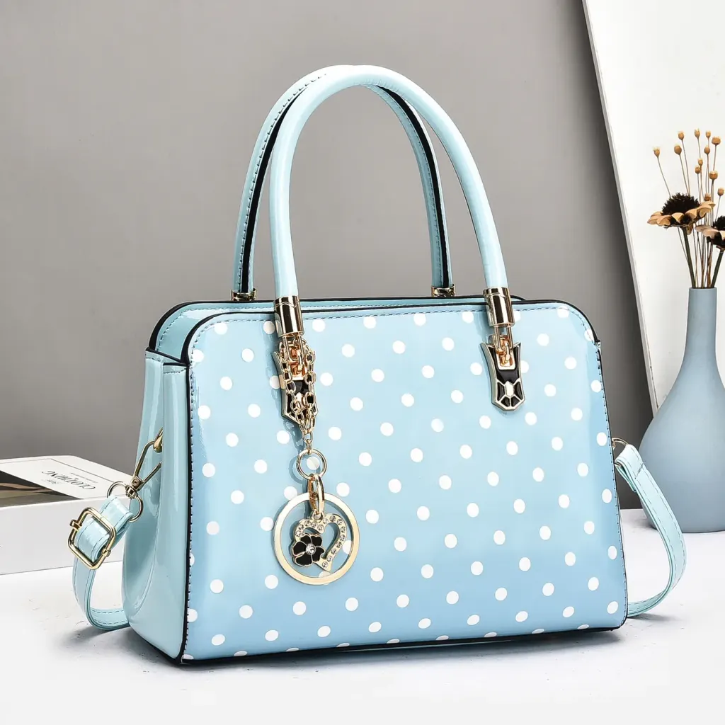 Women’s Patent Leather Boston Bag With Polka Dots And Square Shape Featuring Sewing Thread