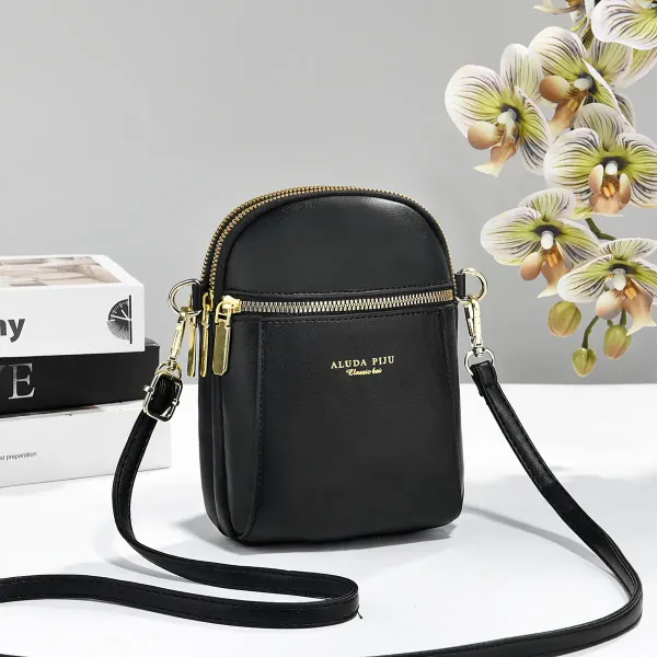 Solid Color Square PU Leather Phone Wallet For Women With Sewing Thread Detail And Single Shoulder Strap