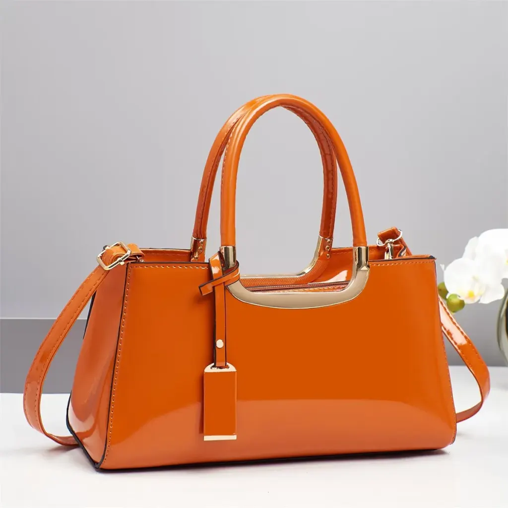 Women’s Square Patent Leather Handbag With Sewing Thread Detail, Top Handle And Large Capacity
