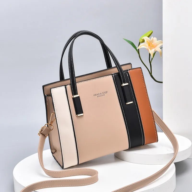 Elegant Large PU Leather Color Block Handbag For Women With Drawstring Buckle Closure