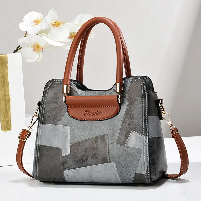 Women’s Square Splicing PU Leather Handbag With Top Handle