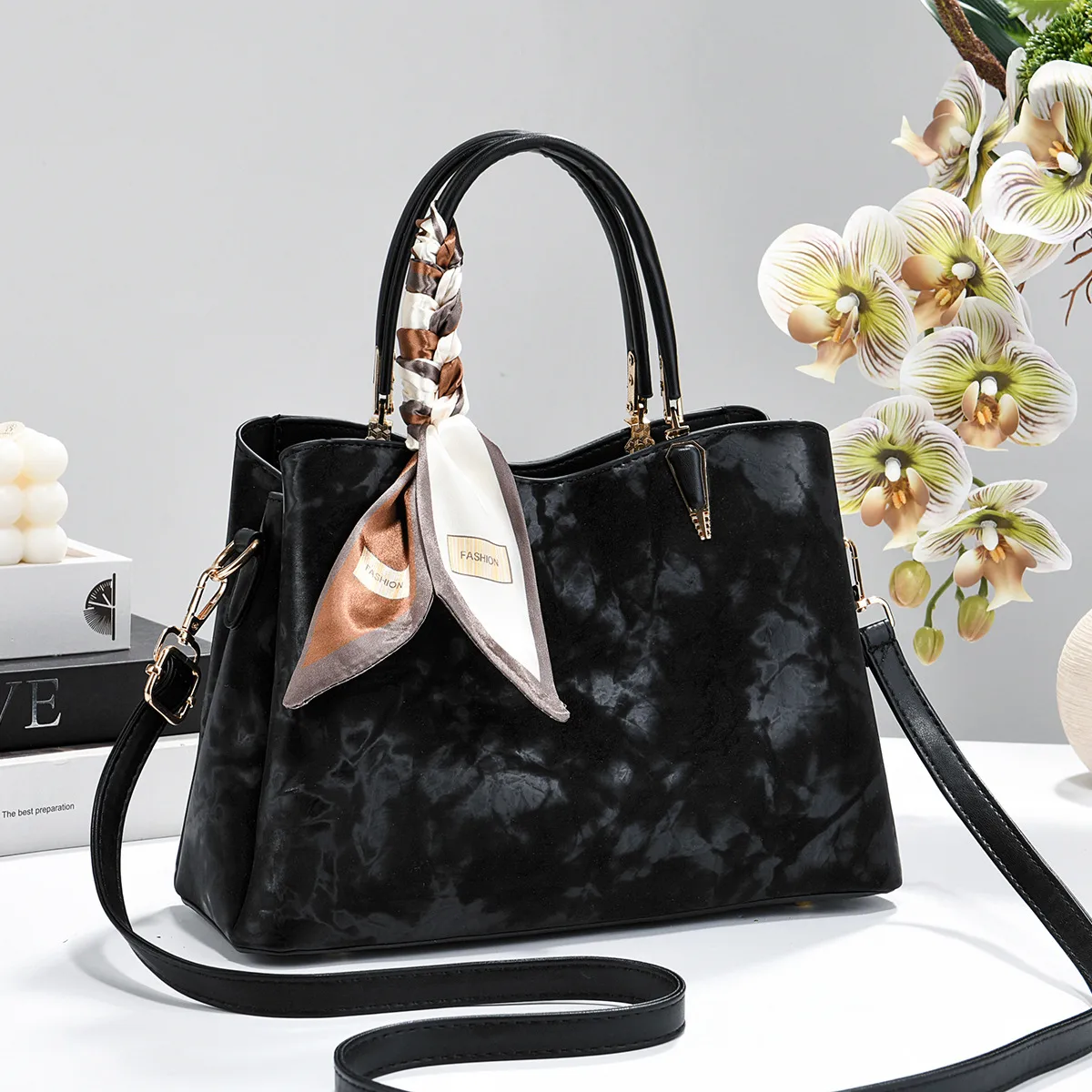 Women’s Square PU Leather Tote Bag With Sewing Thread Detail