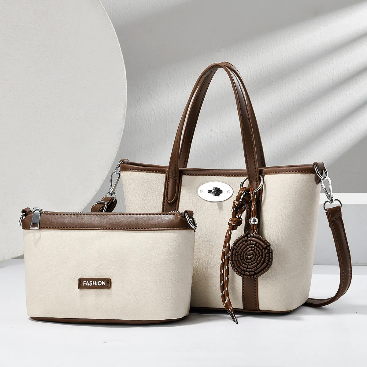 Color Block Square PU Leather Tote Bag For Women With Sewing Thread Detail And Top Handle Main image