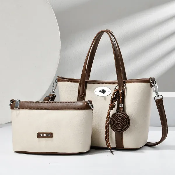 Color Block Square PU Leather Tote Bag For Women With Sewing Thread Detail And Top Handle