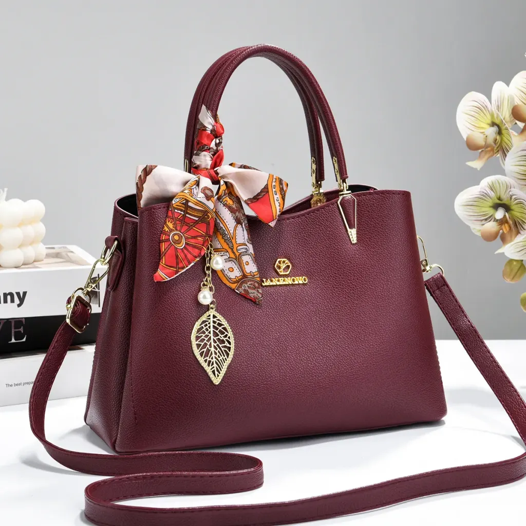 Square PU Leather Tote Bag For Women With Sewing Thread Accent And Top Handle