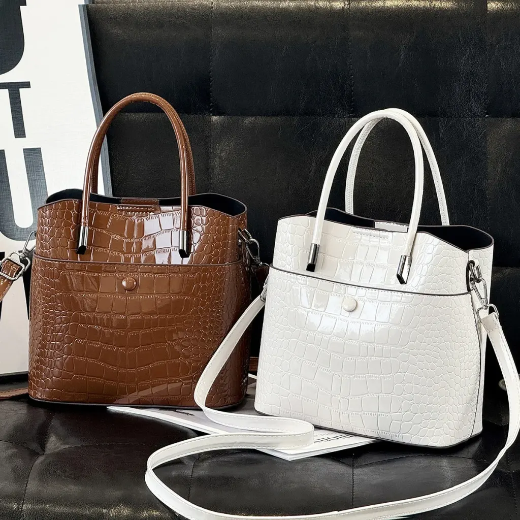Women’s Crocodile Pattern Square PU Leather Tote Bag With Top Handle, Large Capacity Bucket Bag