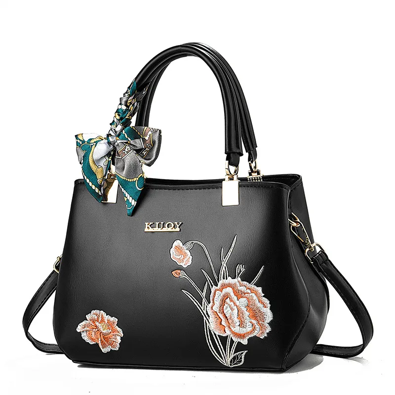 Women’s Square PU Leather Handbag With Embroidered Flowers, Featuring Top Handle For Elegant Style