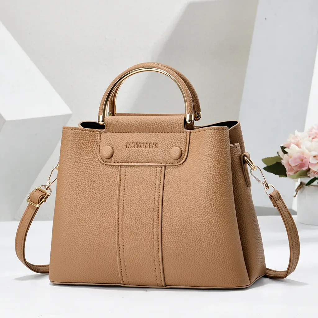 Solid Color Square PU Leather Tote Bag With Sewing Thread Detail, Top Handle Bucket Bag For Spring And Summer