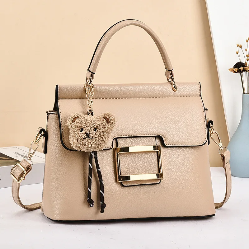Little Bear Square PU Leather Handbag For Women With Metal Button And Top Handle