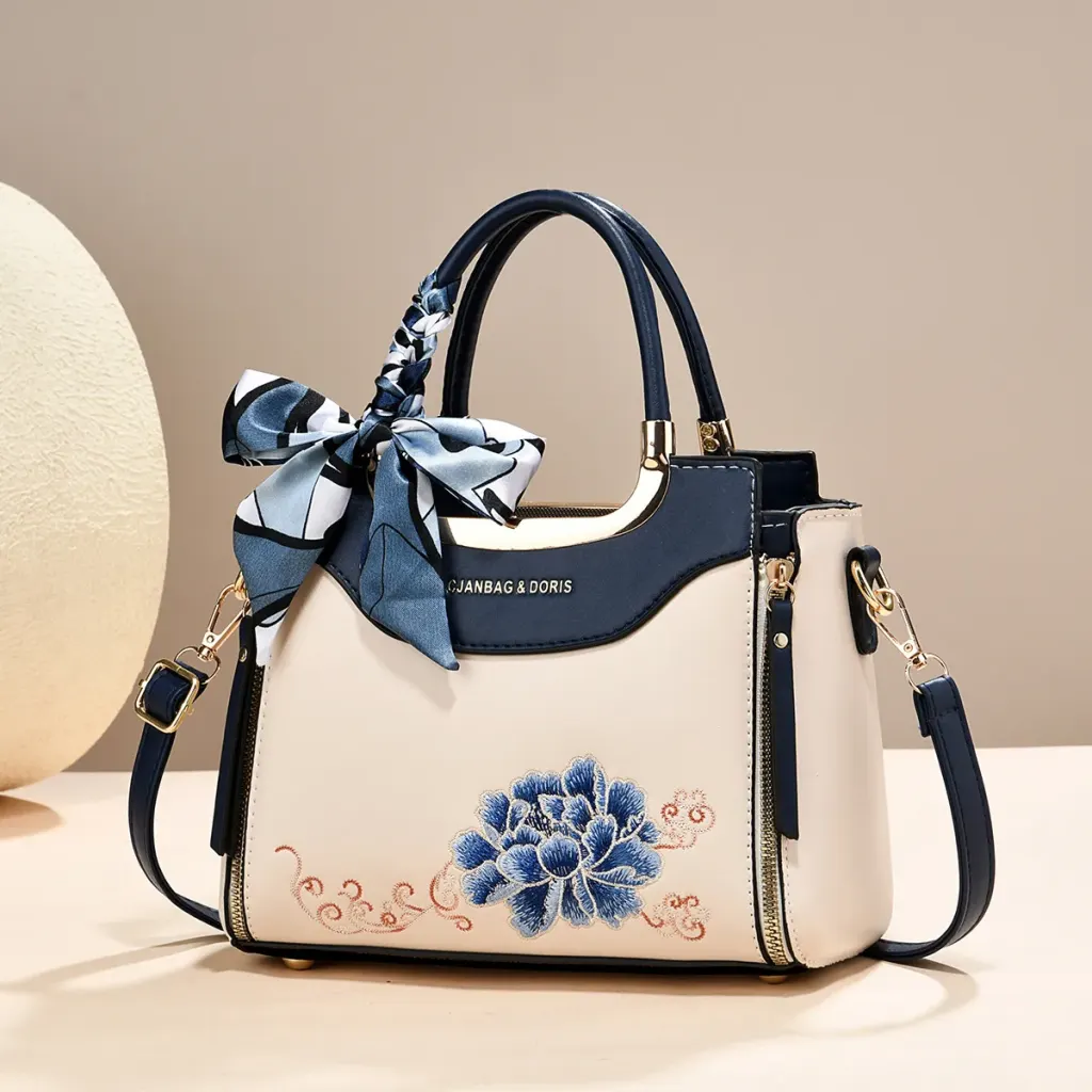 Color Block Square Tote Bag In PU Leather With Embroidery, Featuring Top Handle Design For Women