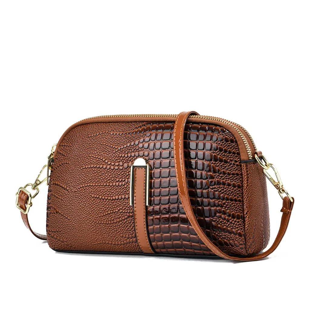 Women’s Crocodile Pattern PU Leather Crossbody Bag With Shell Shape And Sewing Thread Detail