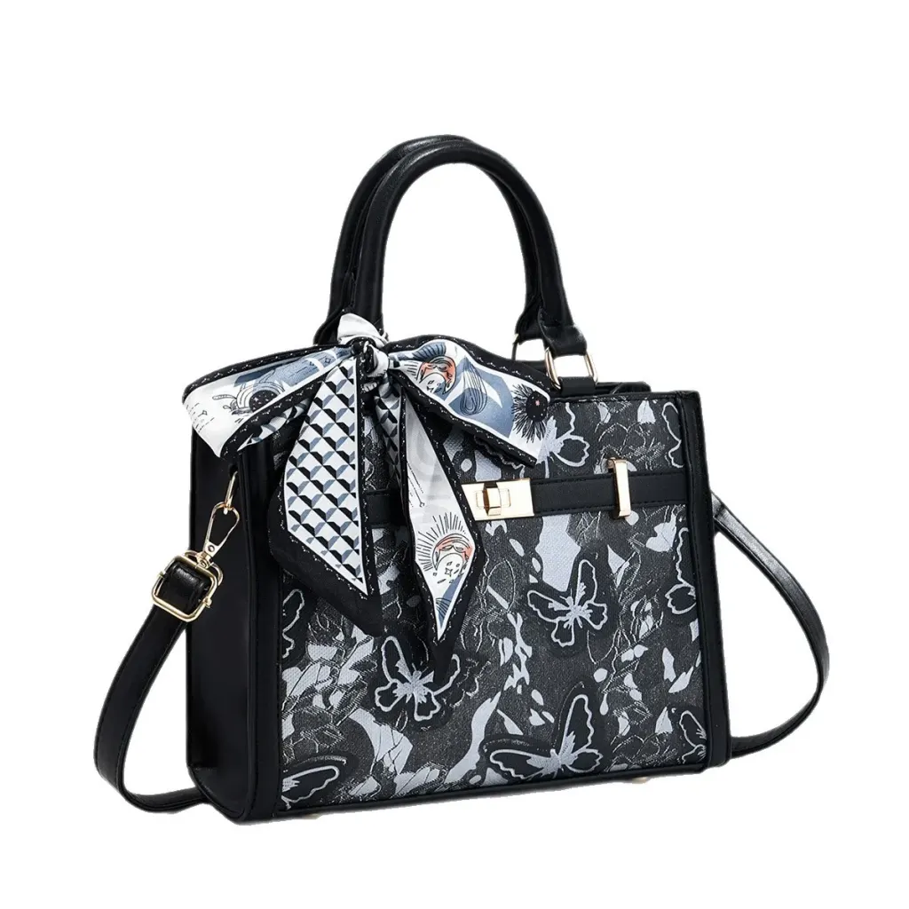 Women PU Leather Square Handbag With Sewing Thread Detail, Printed Design