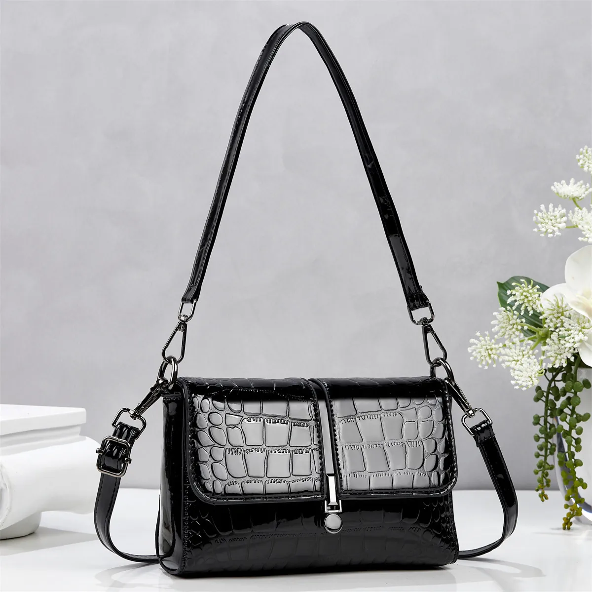 Women’s Crocodile Pattern Square Underarm Bag In PU Leather With Sewing Thread Detail