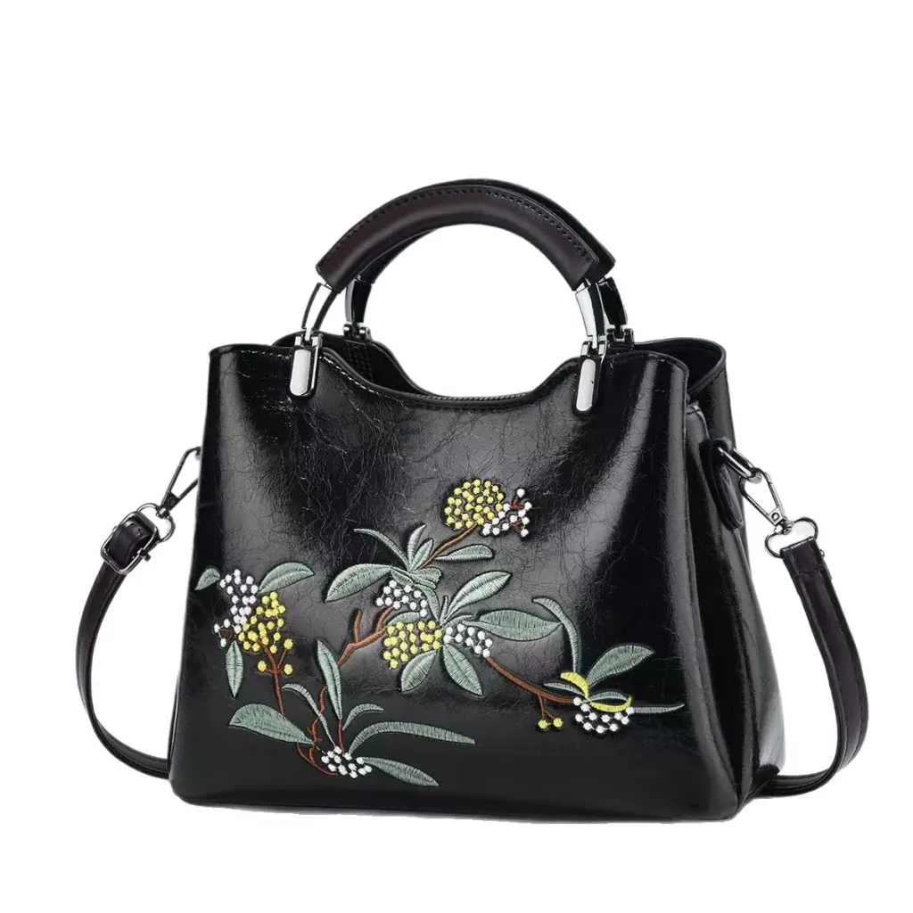 Women’s Square PU Leather Handbag With Embroidered Flowers Featuring Top Handle