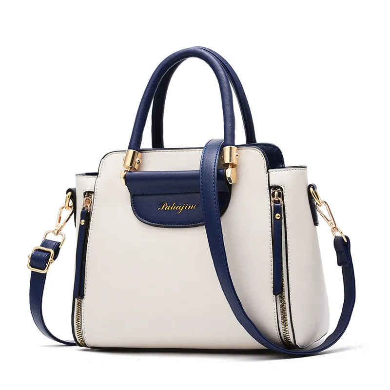 Large Color Block Top Handle Bag For Women In Pu Leather With Zipper Closure, Featuring Retro European And American Style