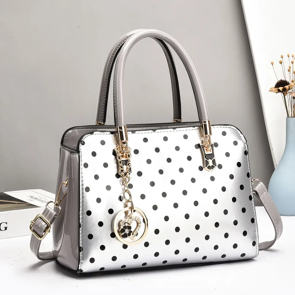 Women’s Patent Leather Boston Bag With Polka Dots And Square Shape Featuring Sewing Thread