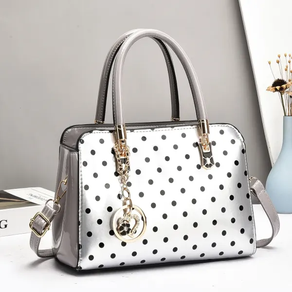 Women’s Patent Leather Boston Bag With Polka Dots And Square Shape Featuring Sewing Thread