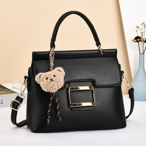 Little Bear Square PU Leather Handbag For Women With Metal Button And Top Handle